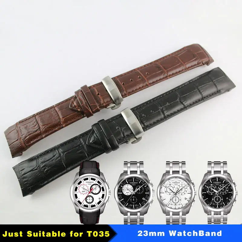

23mm (Buckle 20mm) T035617A T035439 High Quality Silver Butterfly Buckle + Brown Black Genuine Leather curved end Watchband
