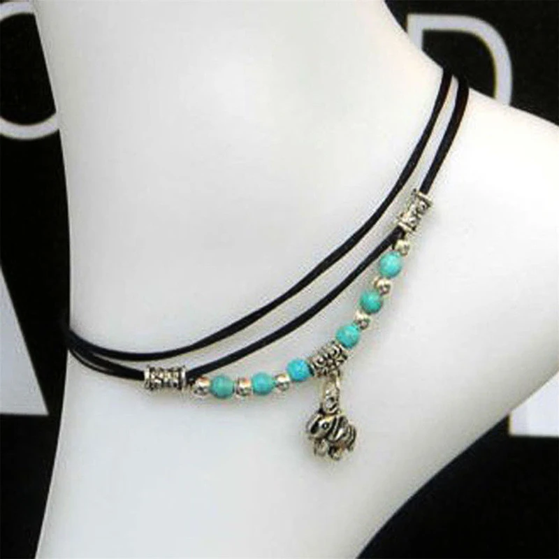 New Charm Bohemia Handmade Turquoise Bead Elephant Foot Chain Anklet Bracelet Chic Leather Barefoot Sandal Beach Jewelry