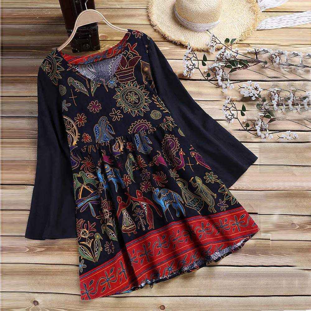 

Plus Size 5XL Womens Tops and Blouses 2018 Feminina Vintage Print Long Sleeve Long Blouse Tunic Clothes Woman Ladies Top