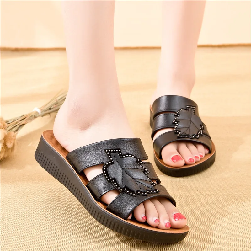 2024 New Summer Woman Sandals Ladies PU Leather Casual Soft Flat Slippers Slip On Comfortable Women Shoes Free shipping