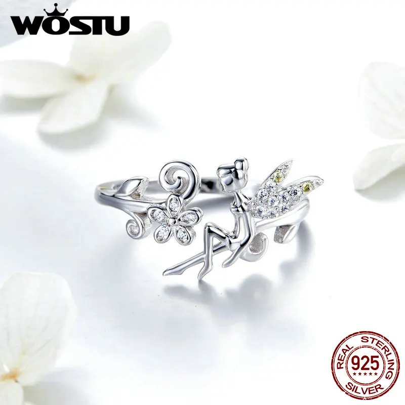 WOSTU, дизайнерское 925 пробы Серебряное цветочное сказочное Эльфийское кольцо на палец, регулируемый размер, обручальные кольца для женщин, роскошные ювелирные изделия FNR025