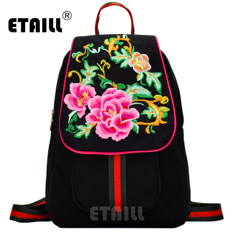 

ETAILL Vintage Canvas Peony Flower Embroidery Backpack Floral Embroidered Backpack Travel Beach Rucksack Schoolbag Woman Mochila