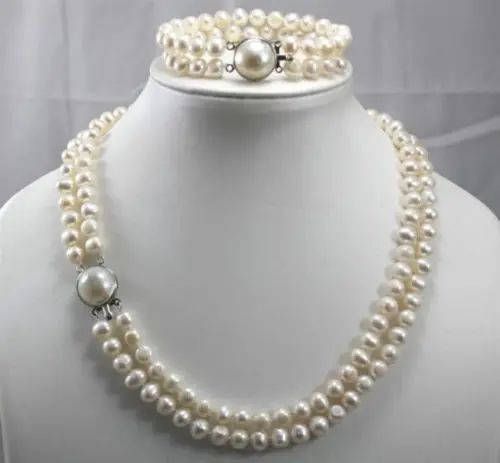 

hot sell new - 2 Row 7-8MM Freshwater Cultured pearls Necklace Bracelet Set