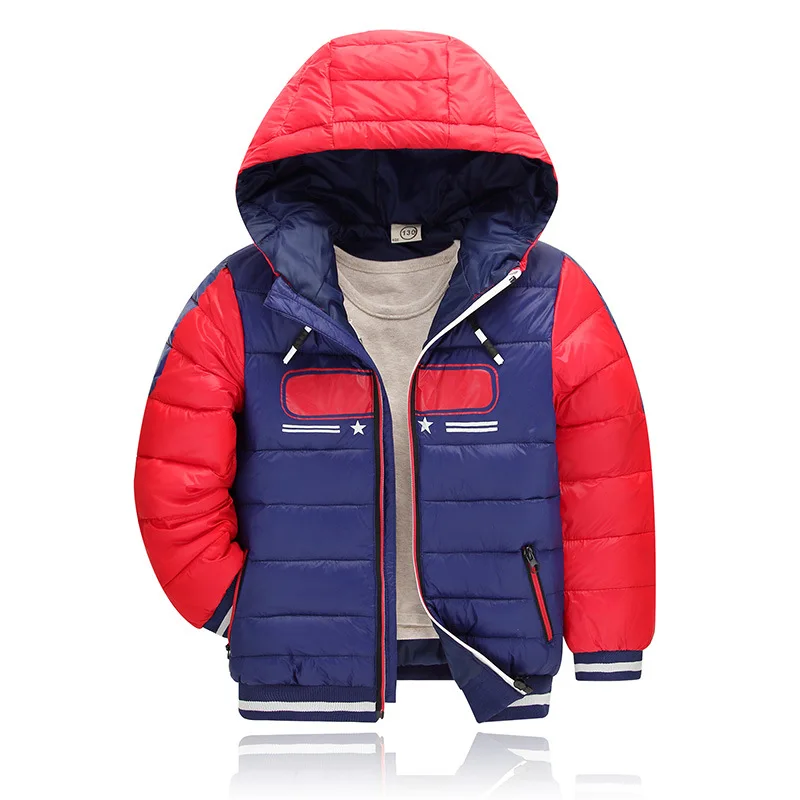 

Patchwork Hooded Fashion Big Girl Winter Warm Coat Boys Outerwear Print Feather Cotton Down Thickening Coat for 4-10T Kid Retail