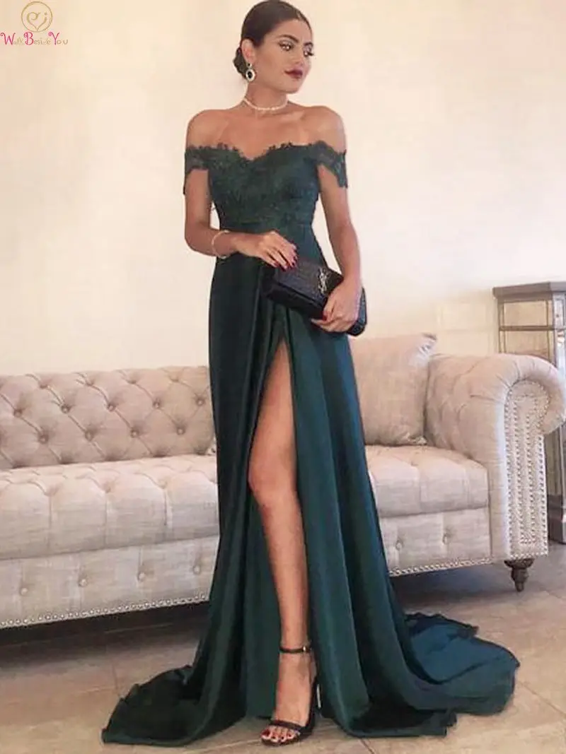 

Sexy V Neck Hunter Green Evening Dresses 2019 Split A Line Long Satin Off Shoulder robe de soiree Prom Formal Party Long Gowns