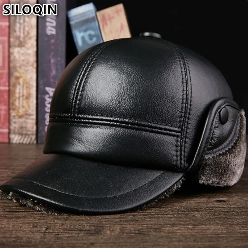 Online SILOQIN Echtem Leder Hut Plus Samt Verdicken Rindsleder Baseball Caps Für Männer Hysterese männer Kappe Winter Warme Ohrenschützer Dad hüte