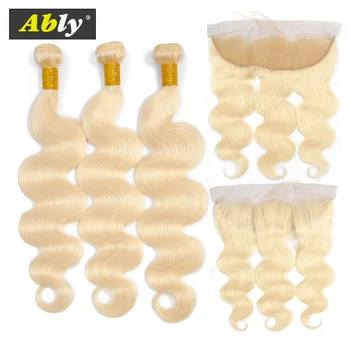 

Blonde 613 Bundles With Frontal Ably Human Hair Extensions Brazilian Body Wave Bundles With Lace Frontal Closure Free Part Remy