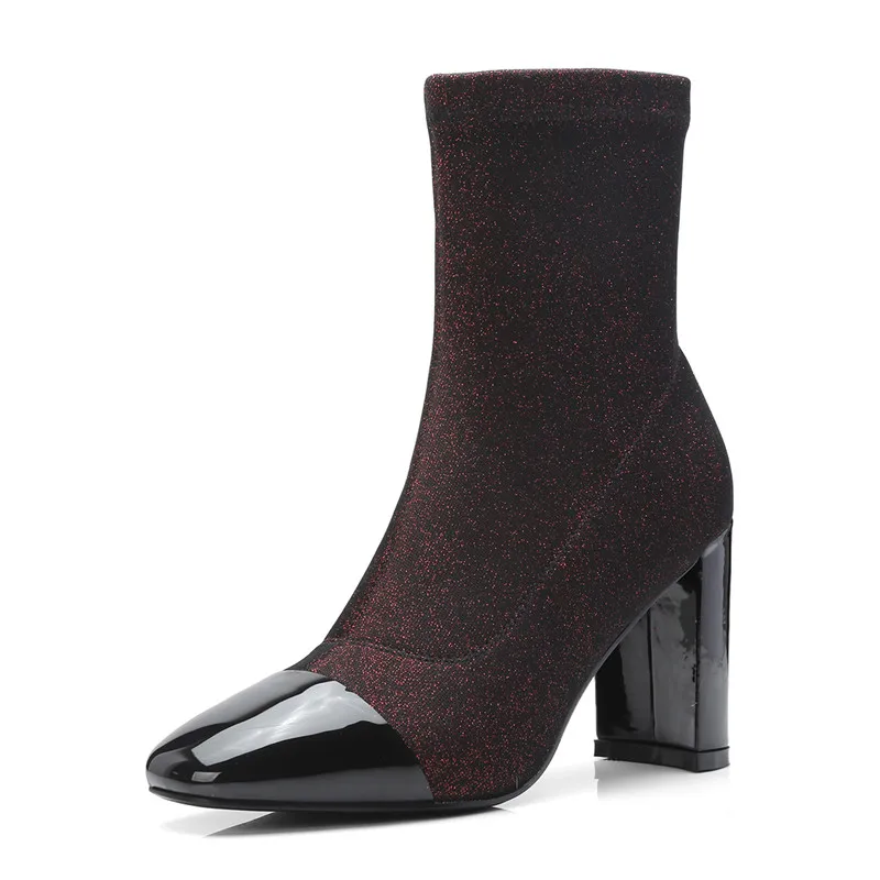 Populaire Super Cuir Cheville 2018 Automne Orteil Élégant Chaude Bottes Dames Haute En Verni Noir Carré rouge Moonmeek Vente Hiver Talons vYbyImf76g