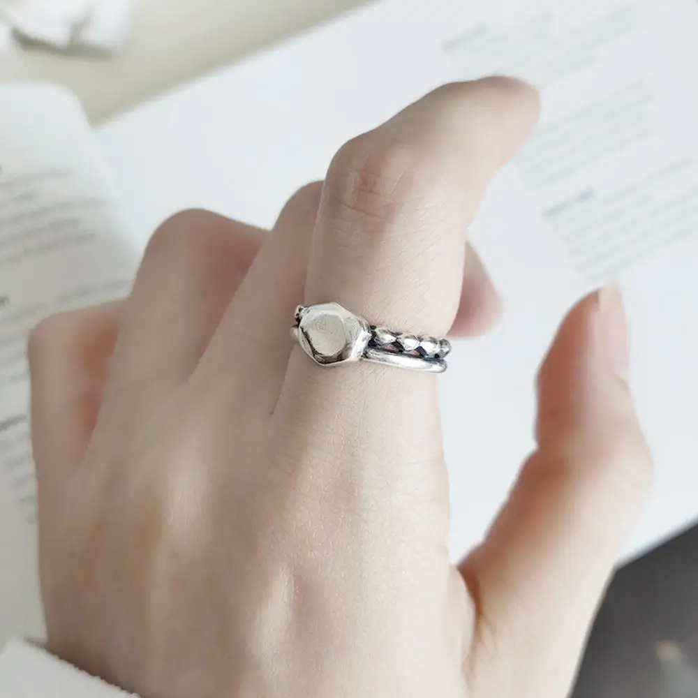 

Unique design two layer irregular bead rings for women vintage style real 925sterling silver finger jewelry with free gifts