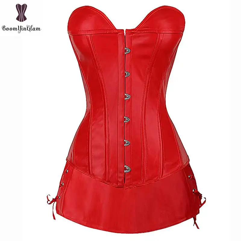 Baratos Rojo de vestido con corsé de cuero traje Overbust Busiter traje de talla grande Sexy corsé negro Fiesta Club pescado huesos gótico Korset