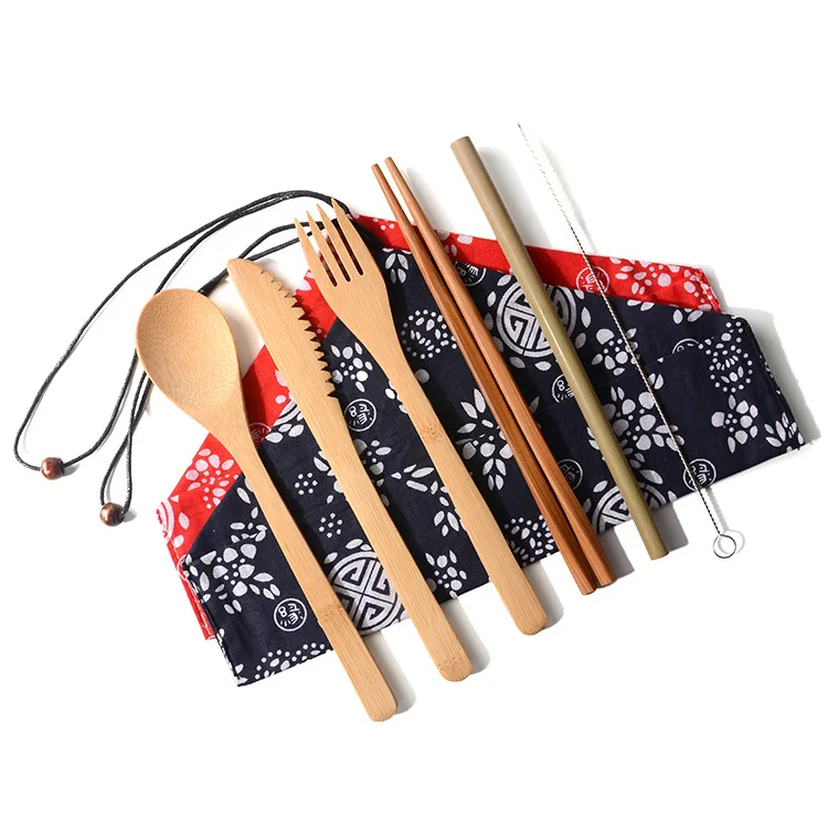 

bamboo tableware flatwares Set Wooden Chopsticks Fork Spoon cutlery Set Bamboo Straw Table Knife Tableware Set with Straw Bag