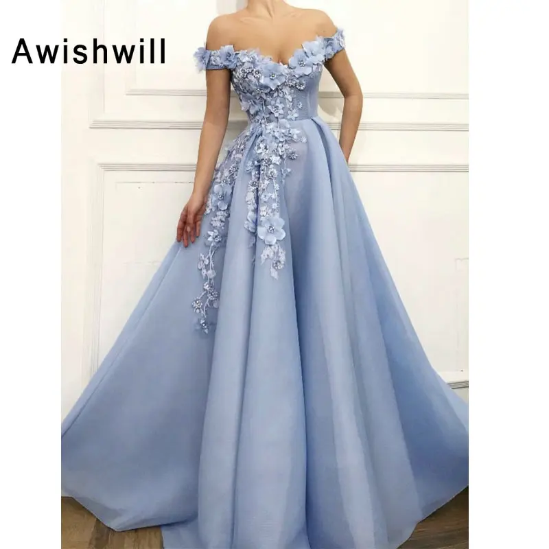 4-1 Long Evening Dress 2019 New Arrival V-neck Vintage Dubai 3D Flowers Lace Arabic Style Blue Women Formal Evening Gowns