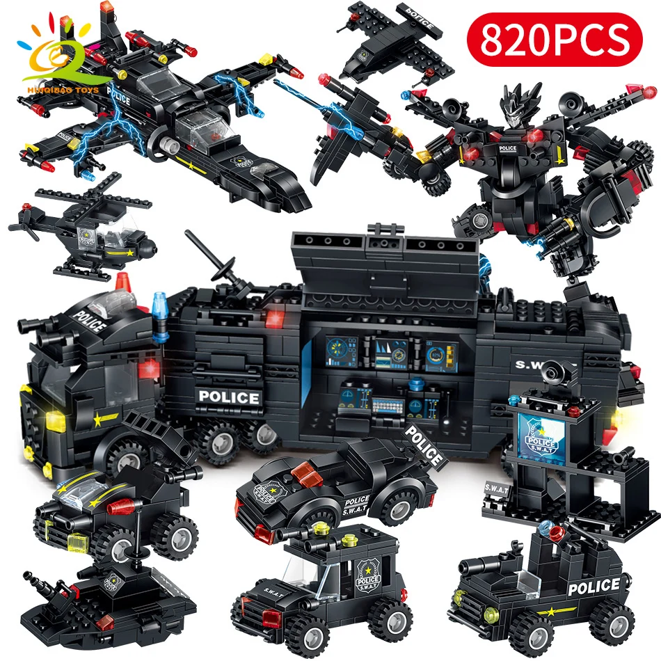 Cena 820 sztuk SWAT zespół policji klocki legoing City polecenia do ciężarówek samochód helikopter Mech broń żołnierz modelu zabawki cegły dla dzieci