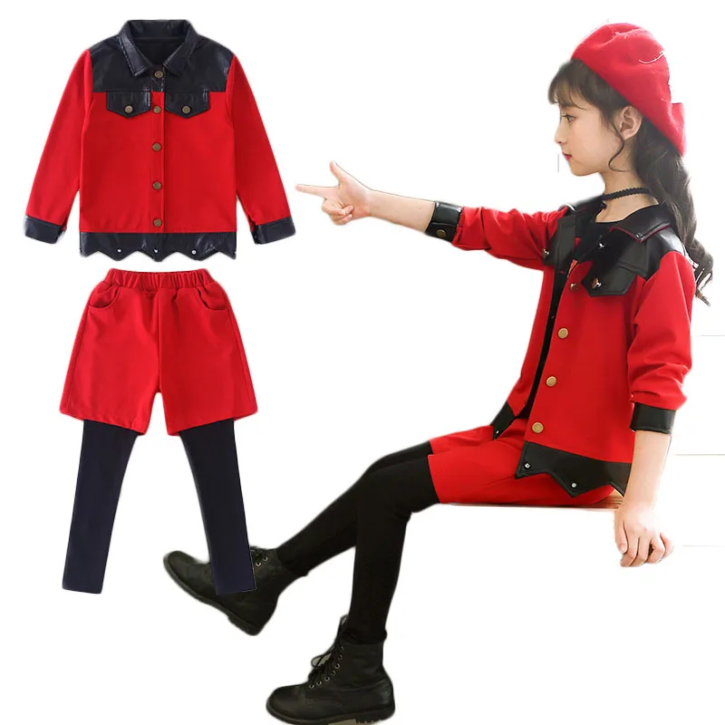 

2018 Spring Autumn Lovely Kids 2Pcs Clothing Sets Short Outwear Jackets+Culottes Big Girls Cardigan Suits Two-Piece Skirt G194