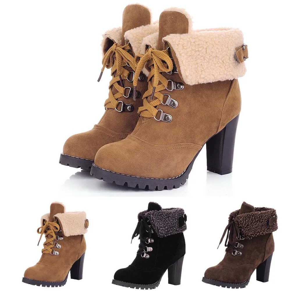 Boots Women Lace-Up HighThick Short Boots Shoes Leisure Ankle High-Heel Boots Outdoor PU Leather Winter Classic Female Shoes T3#