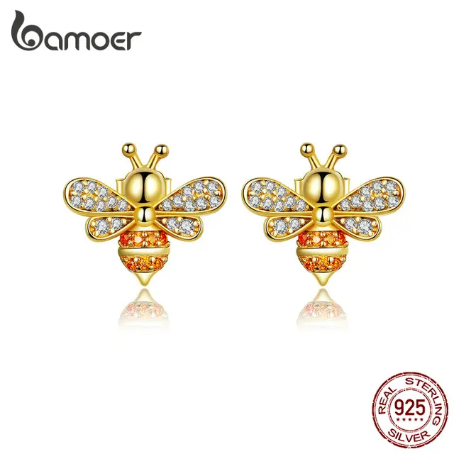 BAMOER-pendientes de tuerca de alta calidad para mujer, de plata de ley 100% 925 con diseño de abeja, CZ transparente, joyería de plata SCE344 BAMOER-pendientes de tuerca de alta calidad para mujer, de plata de ley 100% 925 con diseño de abeja, CZ transparente, joyería de plata SCE344
