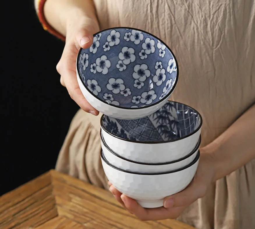 6pcs/4pcs Chinese Style Classical Ceramic Blue And White Kitchen Rice Bowl Big Ramen Soup Bowl free shipping