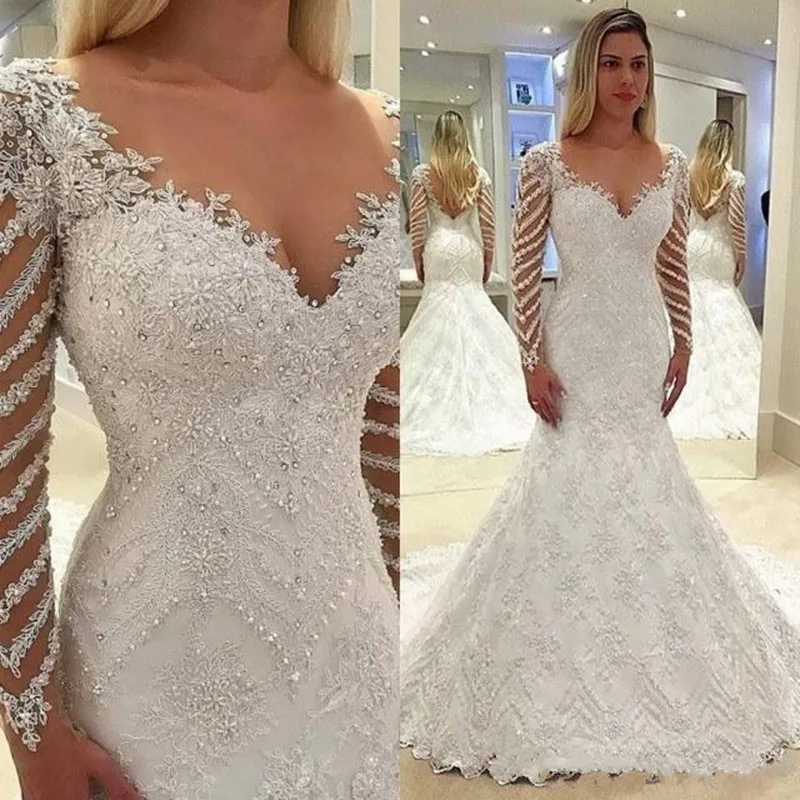 

New Sexy Mermaid Wedding Dress with Lace Appliuqes Crystals Beading V-Neck Backless Long Sleeves Custom Made Bridal Gowns Longo