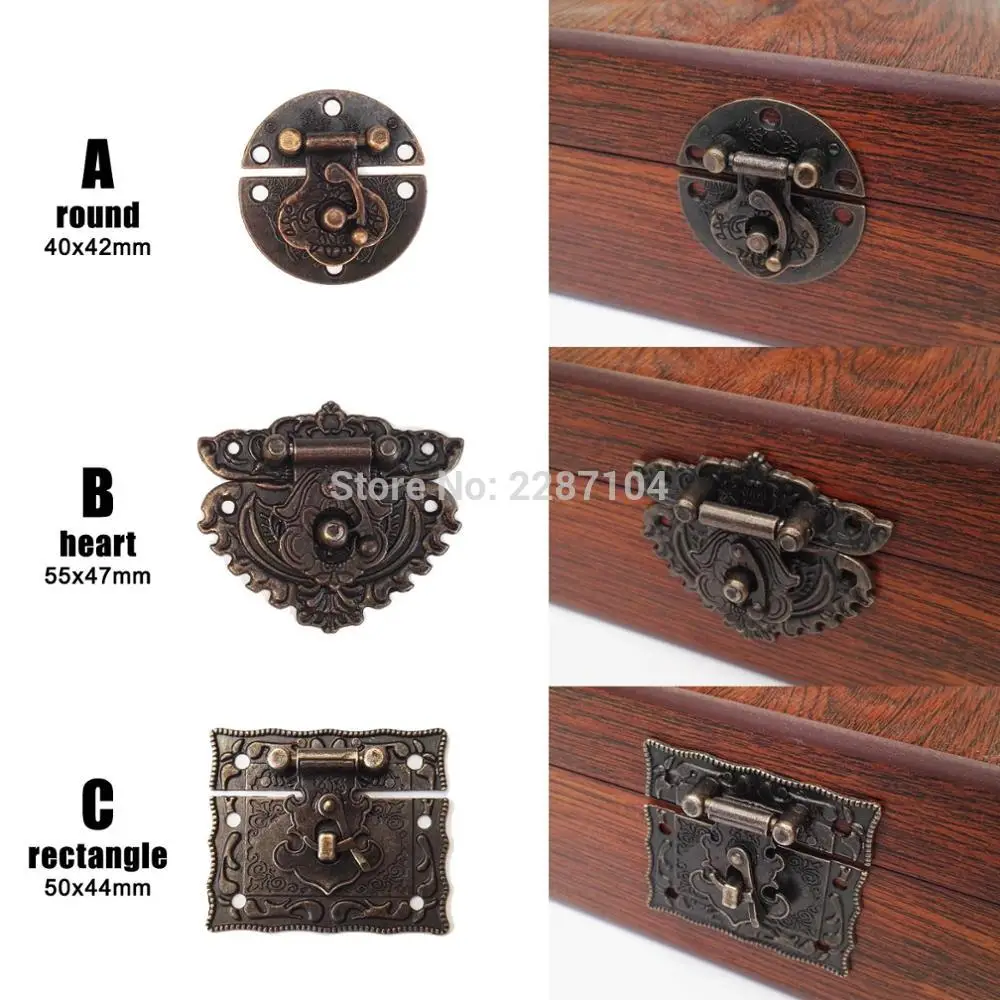 

2pc Retro Antique brass Decorative Jewelry Chest Wine Box Wooden Case Toggle Hasp Latch Catch Clasp Round Heart Rectangle Square