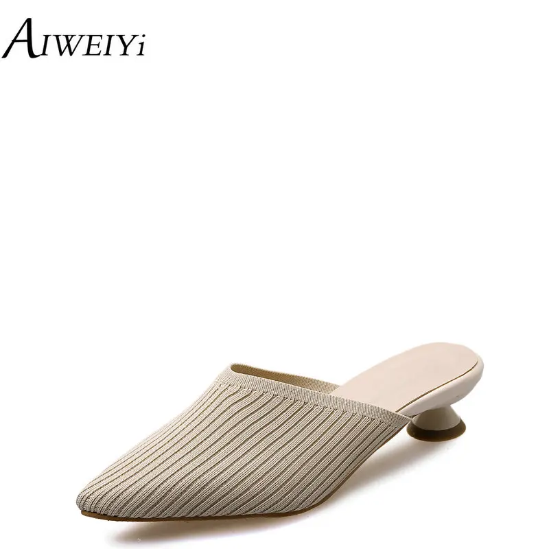 

AIWEIYi New Fashion Pointed Toe High Heels Slippers Women Flip Flops Knitted Slip On Mules Lazy Beach Shoes Women Slides