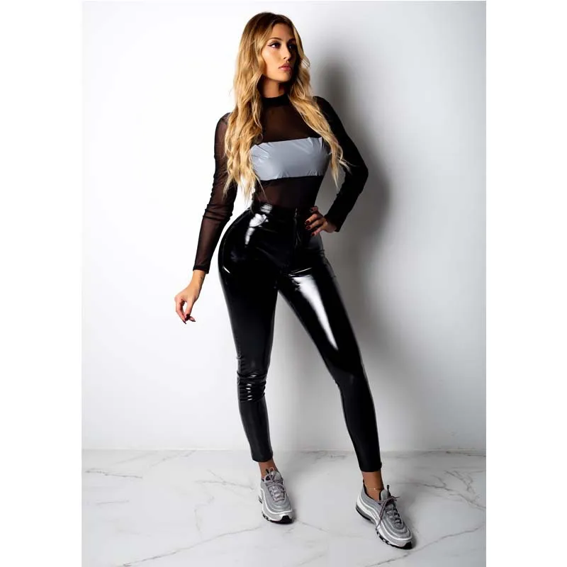 

Sexy Mesh Patchwork Black 2 Piece Set Women High Street Flash Reflective Crop Top And PU Leather Skinny Pants Outfits 2pcs