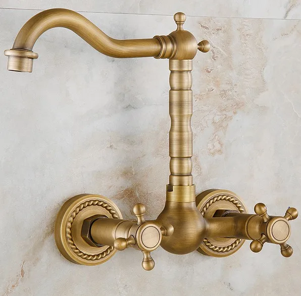 Antique Brass Wall Mounted Dual Cross Handles Swivel Spout Kitchen Sink Bathroom Basin Faucet Cold & Hot Mixer Tap asf006a