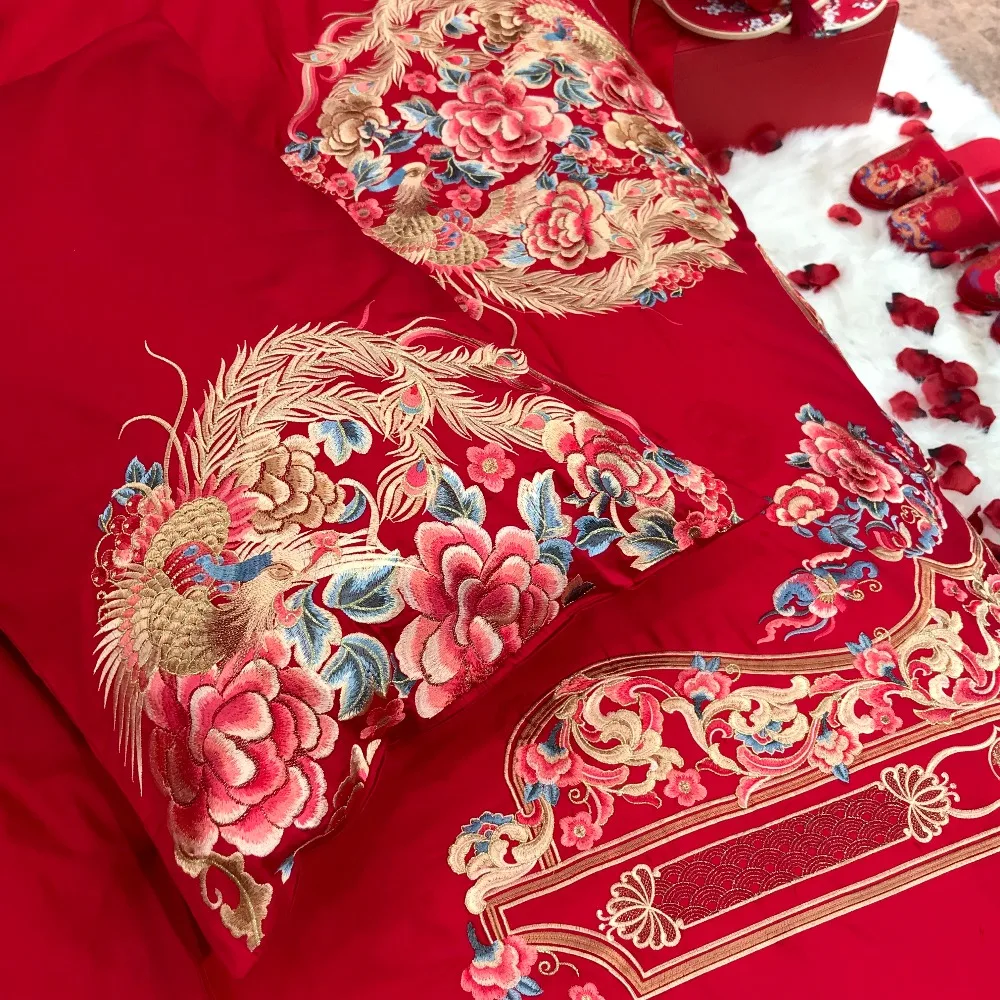 Waliicorners Egyptian Cotton Luxury Embroidery Red Wedding Bedding set Duvet cover Bed Sheets,Silky Ultra soft Queen King size 4/6/9- 37 IMG_1189