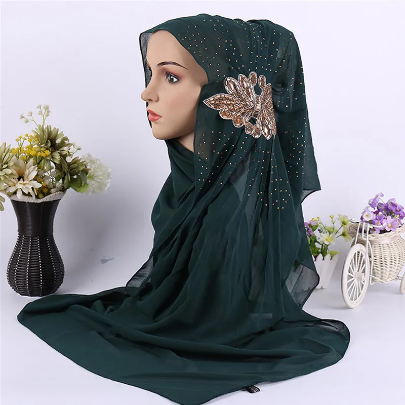 Мусульманский новый Бисероплетение сверкающие блестящие золотые блестящие простые шифоновые хиджаб шарф платок повязка на голову