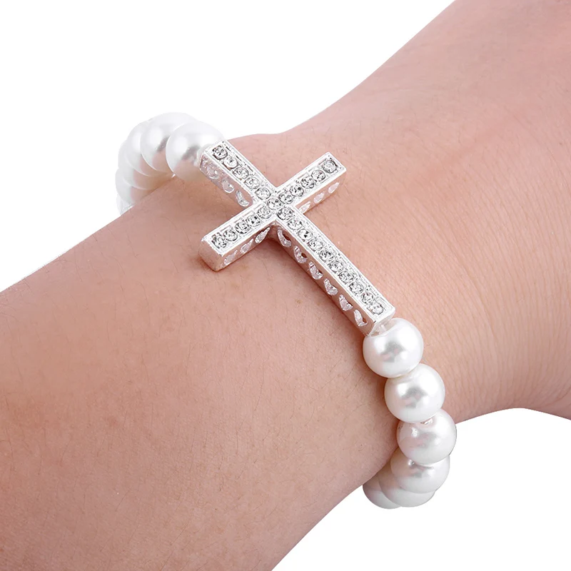 Мода женский Пластик жемчуг, горный хрусталь крест Талисманы браслет Бусины браслет в ювелирных браслет для Для женщин мода подарок друзьям