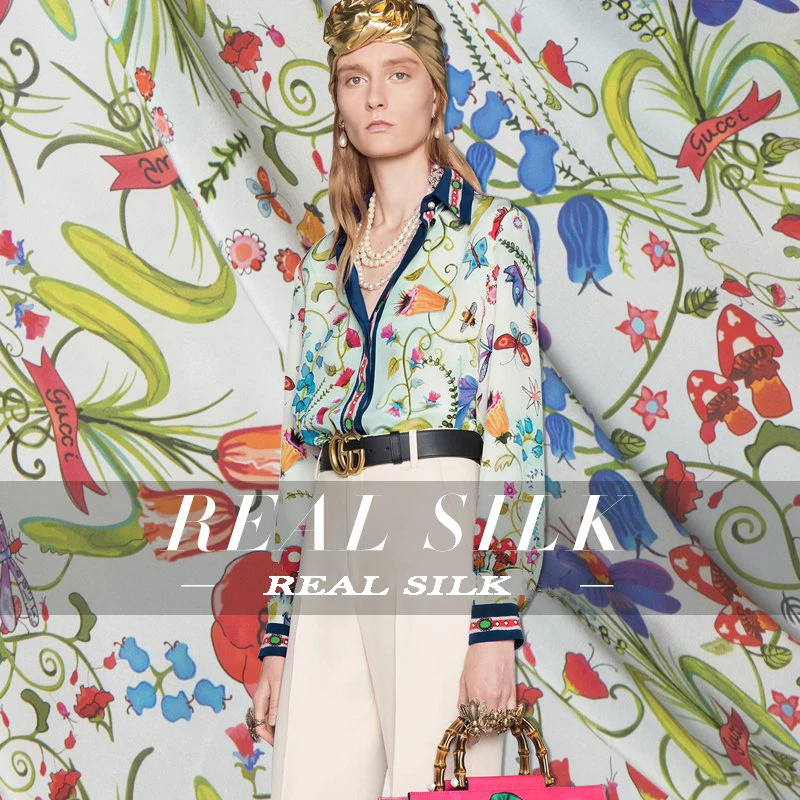 

High-end custom Alice Flower Digital Printed Fabric For Women Dress,14Momme crepe de chine Clothing cloth For DIY Sewing HOT
