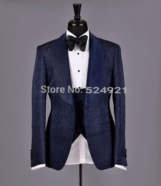 Новое поступление, шаль для жениха, сатиновые смокинги для жениха, темно-синие мужские костюмы, Свадебный лучший мужской блейзер (пиджак + брюки + галстук + жилет) C312