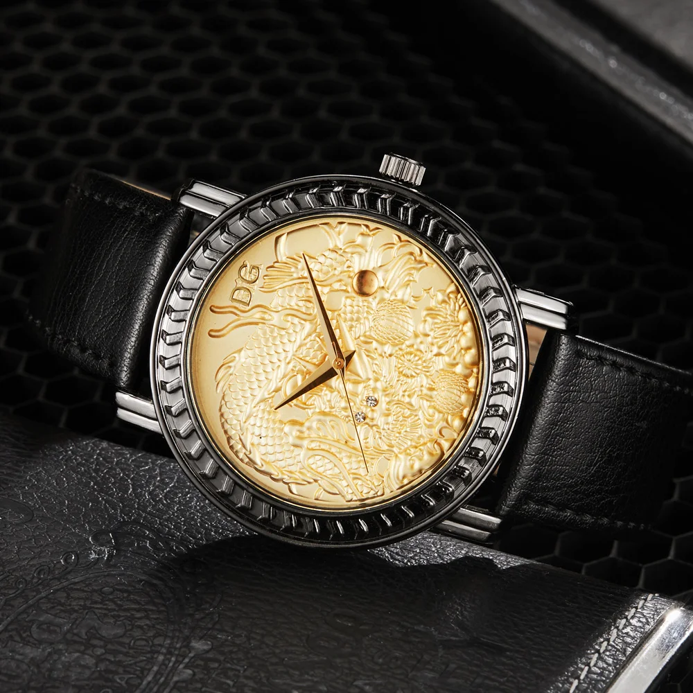 

Casual Mens Watches Top Band Luxury Black&Gold Dragon Dial Leater Band Quartz Analog Wrist Watch Clock 2018