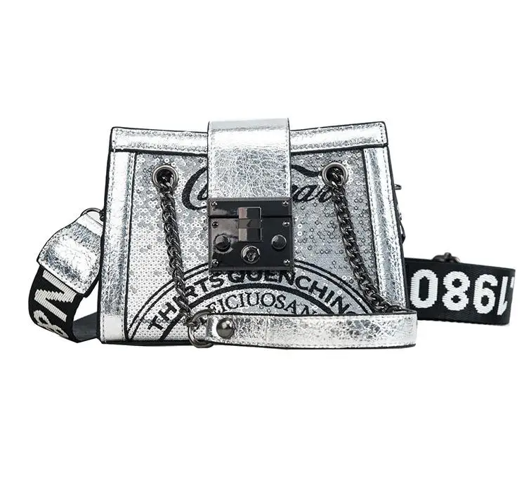 

Fashion Women's Bag Bling Sequined Crossbody Bag Handbag Letter Printing Wide Strap Lady Flap Women Small Shoulder Bag