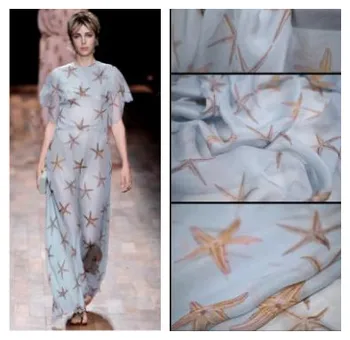 

Starfish printing silk chiffon fabric summer elegant dress silk fabric perspective natural silk fabric wholesale silk cloth