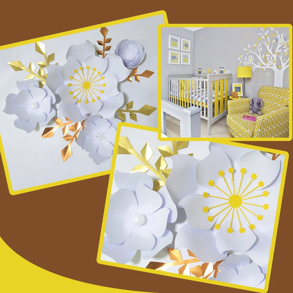 Handmade White Rose DIY Paper Flowers Gold Leaves Set For ...