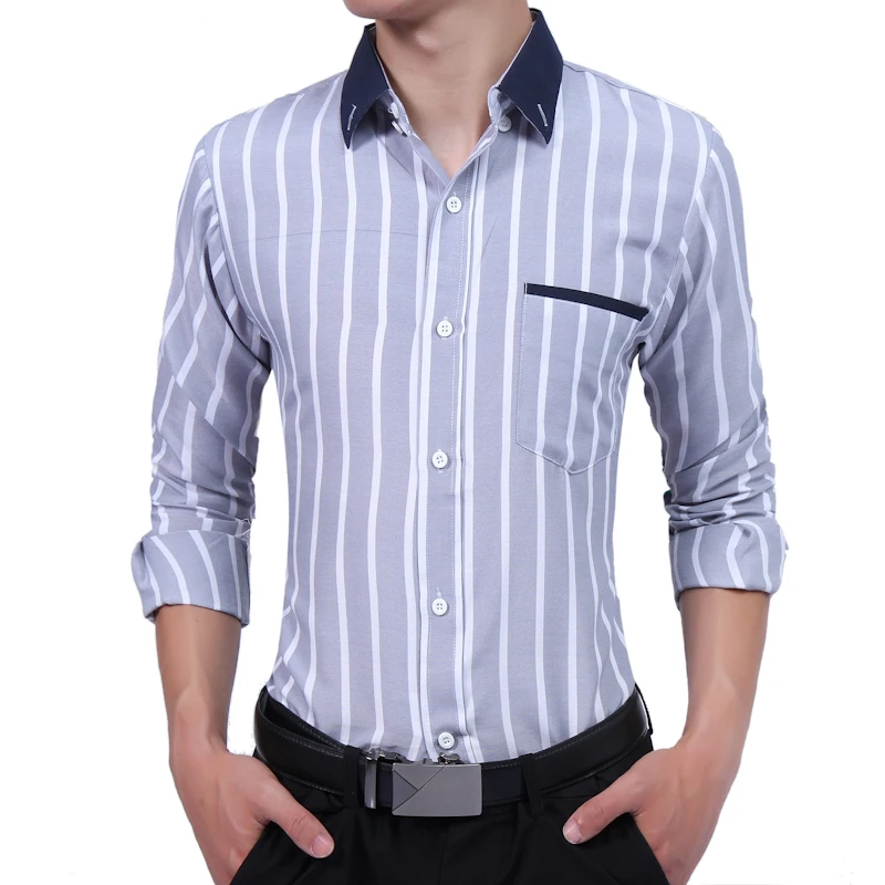 Для мужчин рубашка Элитный бренд 2017 Мужская рубашка с длинными рукавами Повседневное Для мужчин S полосы Slim Fit Сорочки выходные для мужчин