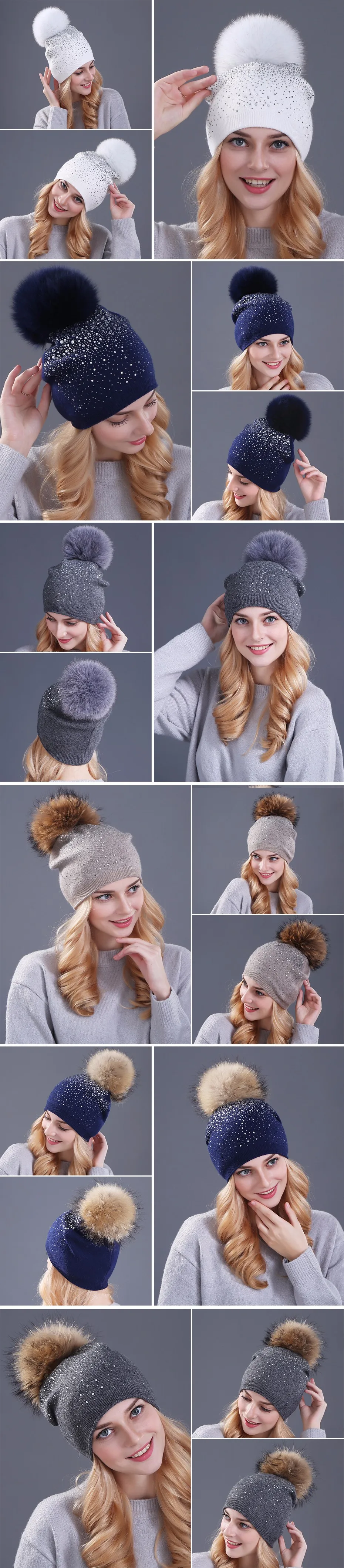 [Xthree] Женская зимняя шапка, шапка из кроличьего меха, шерстяная вязаная шапка, женская шапка из норки с помпоном, блестящие шапки со стразами для женщин