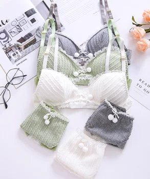 

Mori Girl Fur Ball Pendant Women's Cute Bra & Panties Set Linen Cotton Wirefree Soft Underwear Sleep Intimates Set Kawaii Lolita