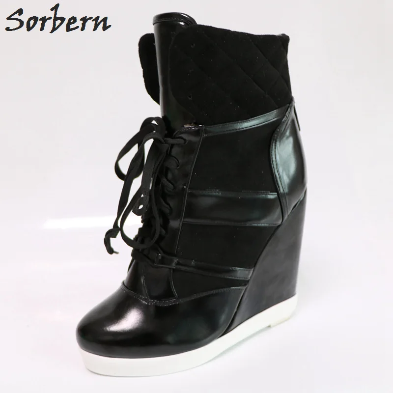 Sorbern Black Oil Pu Women Boots Ankle High Lace-Up Us Size 15 Wedge Heeled Boots Women Black Shoes For Women Footwear