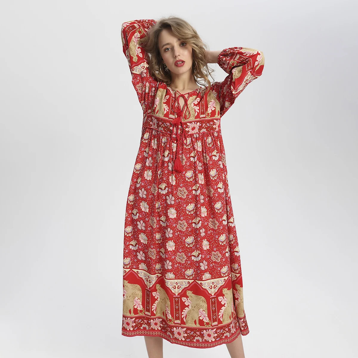 Цыганское Платье хиппи с цветочным принтом, осень, бохо, женское сексуальное платье с кисточками, v-образным вырезом, длинным рукавом, богемное платье миди