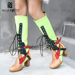 Prova Perfetto смешанные Цвет Для женщин сапоги до колена модные сапоги в жокейском стиле стрейч тканевые Носки Ботинки на не сужающемся книзу