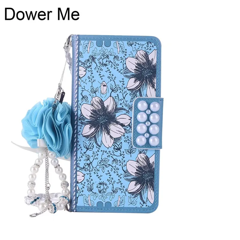 Dower Me Retro Blue Pearl Flower Flip Wallet Handbag Leather Chain Case Cover For Samsung font