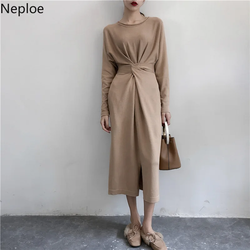

Neploe Elegant Women Solid Knitted Dresses O-Neck High Street Long Vestido 2019 Spring Autumn Fashion Modis Split Jupe 42827