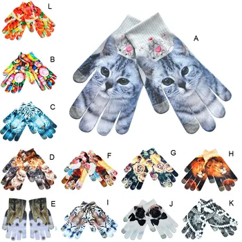 

Gloves Women guantes Men keep Warm 3D Print Knitted Phone Screen Kitty Pet Cute Gloves Comfortable rekawiczki Winter Gloves L50