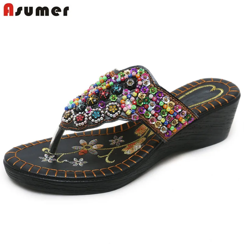

ASUMER 2018 new arrive summer women slippers wedges beading leisure fashion shoes flip flops restoring shoes woman