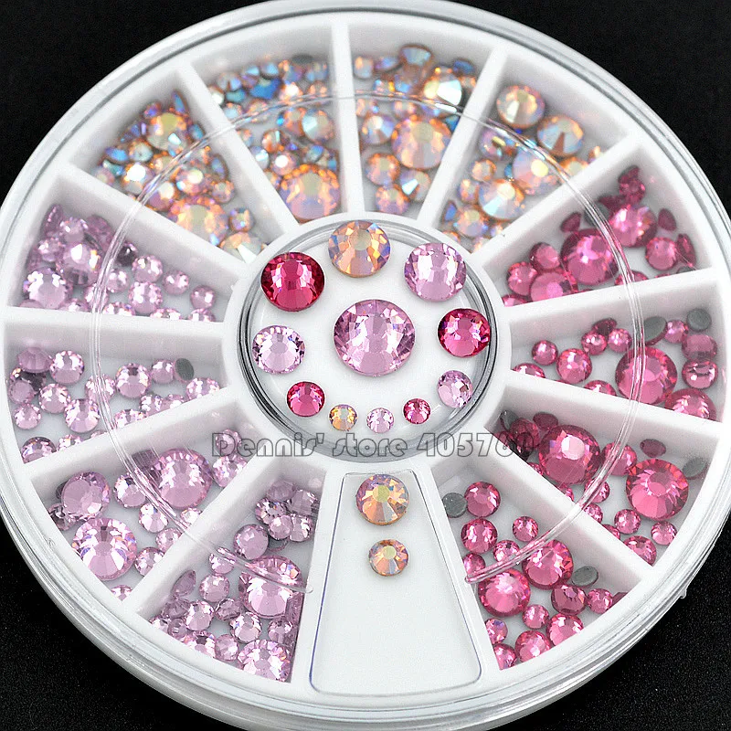 Разные размеры, блестящие розовые серии горячей фиксации, Круглые граненые алмазные Стразы для дизайна ногтей, украшения для маникюра, самодельные колеса