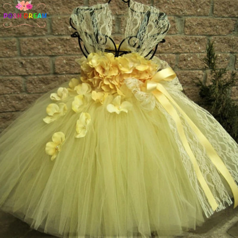 POSH DREAM Yellow Lace and Flower Petals Kids Girl Tutu Dress Yellow Dress Flower Girl Pageant Empire Waist Dress Baptism Gown POSH DREAM Yellow Lace and Flower Petals Kids Girl Tutu Dress Yellow Dress Flower Girl Pageant Empire Waist Dress Baptism Gown