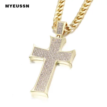 

Cross Iced Out Cuban Pendant Necklaces Men Silver Color Chain Bling Rhinestone Big/Small Charm Crystal Cross Hip Hop Jewelry