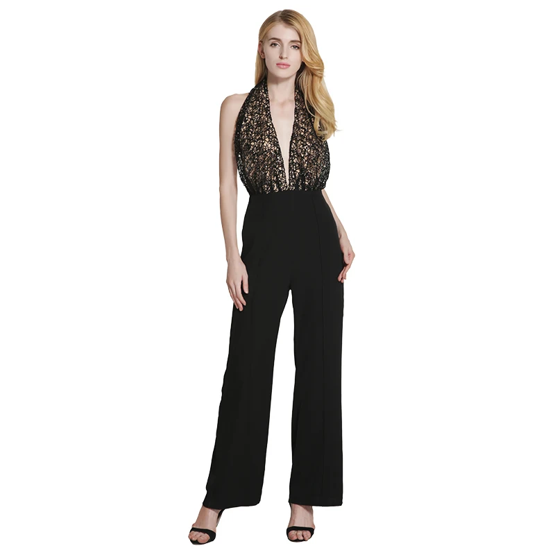 Halter Neck Jumpsuit Long Wide Leg Playsuits Open Back Sexy Shining High Waisted Rompers Womens Overalls Combinaison Femme 2017