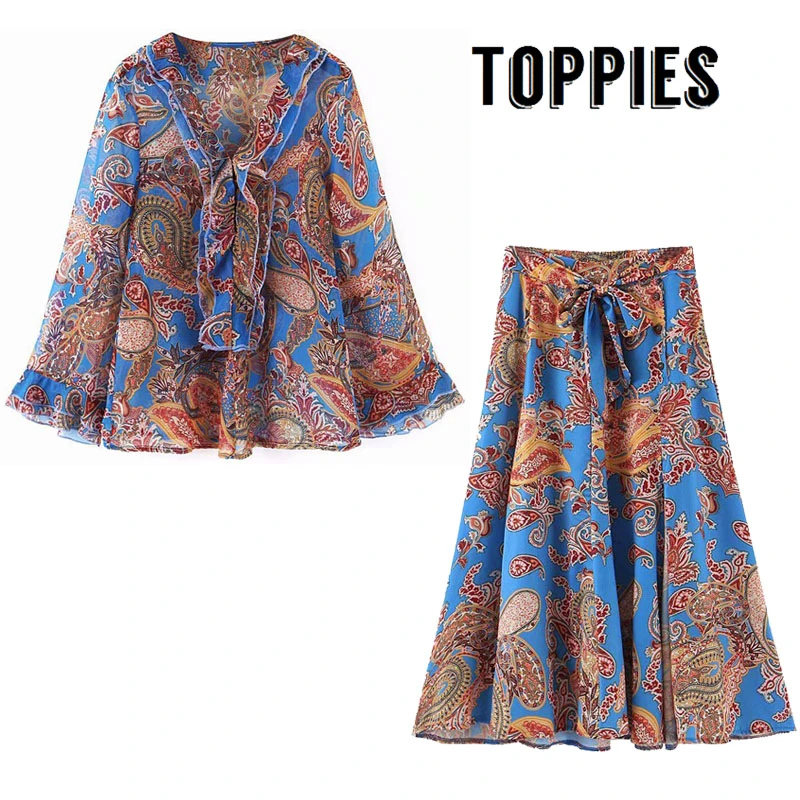 

Phoenix Printing Vacation Style Two Peice Set Women Summer Set Chiffon Blouses Belt Waist A Line Skirts